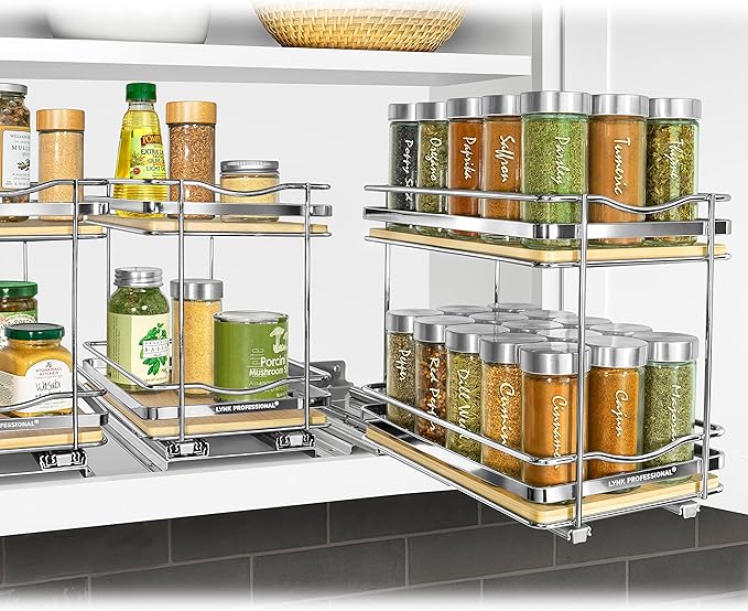 LYNK PROFESSIONAL® Élite™ Pull Out Spice Rack Organizer for Inside Kitchen Cabinets - 6-3/8 inch Wide - Slide Out Drawer – Wood/Chrome Sliding Spice Cabinet Organization Shelf Racks - 2 Tier LYNKPROFESSIONAL