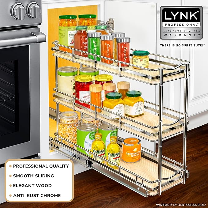 LYNK PROFESSIONAL® Élite™ Pull Out Spice Rack Organizer for Inside Kitchen Cabinets - 6"x21" - Slide Out Drawer – Wood/Chrome Sliding Spice Cabinet Organization Shelf Racks - 3 Tier LYNKPROFESSIONAL