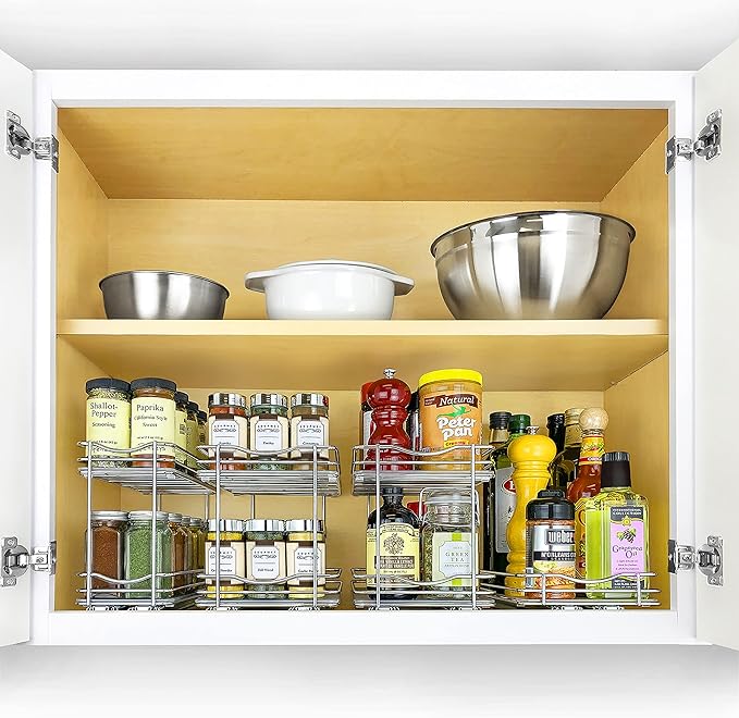 LYNK PROFESSIONAL® Pull Out Spice Rack Organizer for Inside Kitchen Cabinets - 10-3/8 inch Wide - Slide Out Drawer – Chrome Sliding Spice Cabinet Organization Shelf Racks - 2 Tier LYNKPROFESSIONAL