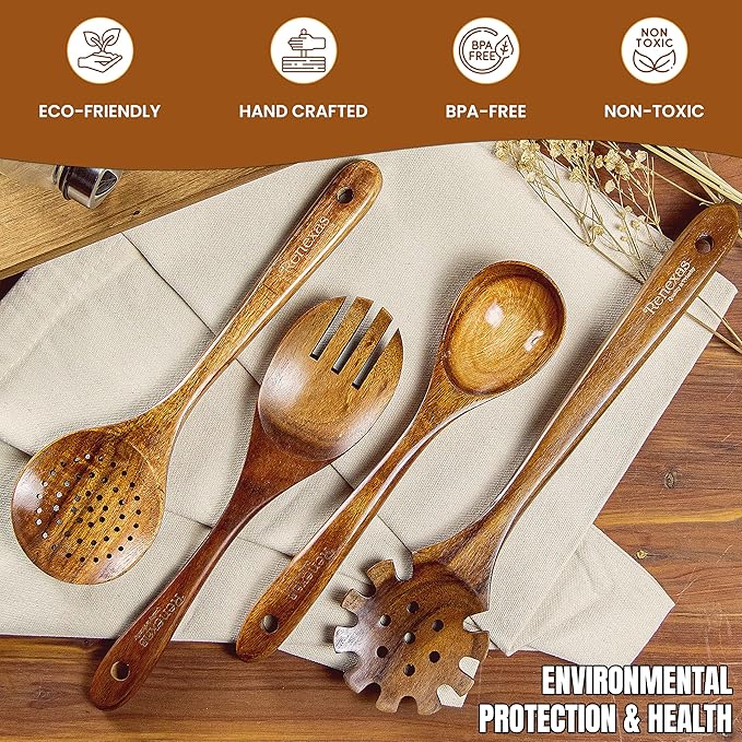 Wooden Spoons for Cooking Utensils, Natural Teak Wooden Cooking Spoons with Nonstick Spatula Set, Bamboo Kitchen Utensils With Holder, Wood Spoon Set for Kitchen Essentials (6) Renexas