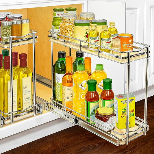 LYNK PROFESSIONAL® Élite™ Pull Out Spice Rack Organizer for Inside Kitchen Cabinets - 6"x21" - Slide Out Drawer – Wood/Chrome Sliding Spice Cabinet Organization Shelf Racks - 2 Tier LYNKPROFESSIONAL