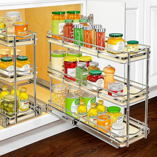 LYNK PROFESSIONAL® Élite™ Pull Out Spice Rack Organizer for Inside Kitchen Cabinets - 6"x21" - Slide Out Drawer – Wood/Chrome Sliding Spice Cabinet Organization Shelf Racks - 3 Tier LYNKPROFESSIONAL