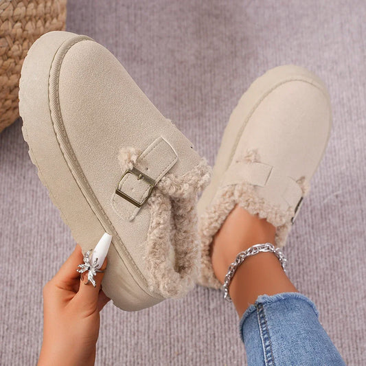 Fluffy Buckle Platform Slip-Ons