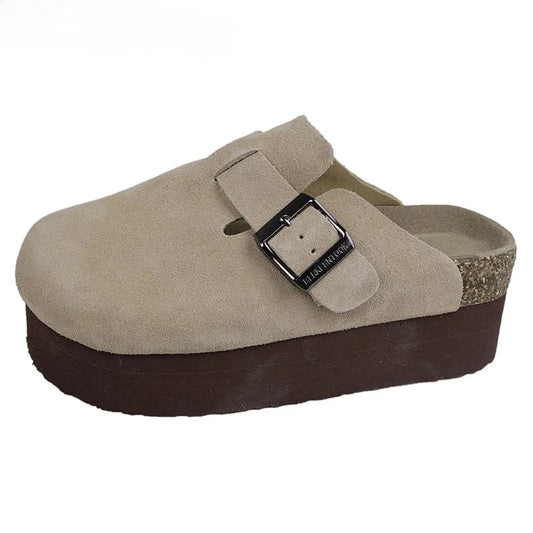 Suede Buckle Platform Clogs Mules Slippers