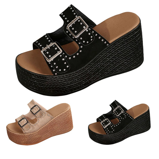 Double Buckle Studded Wedge Sandals