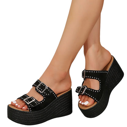 Double Buckle Studded Wedge Sandals