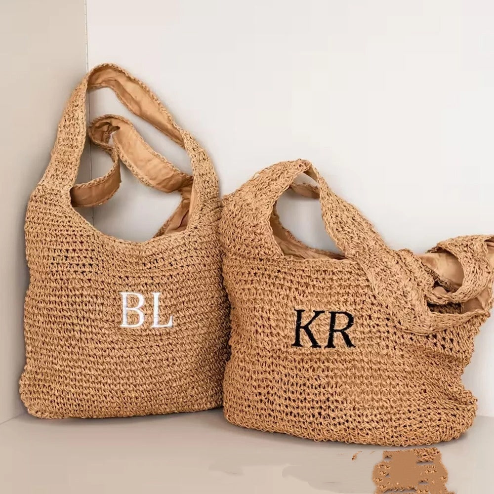 Fashionable Handheld Straw Bag With Alphabet Embroidery Local