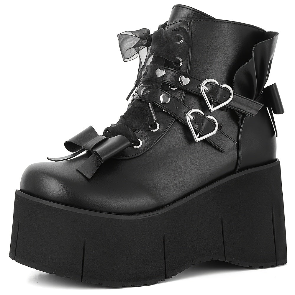 Heart Buckle Bow Platform Boots