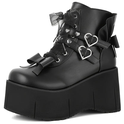Heart Buckle Bow Platform Boots